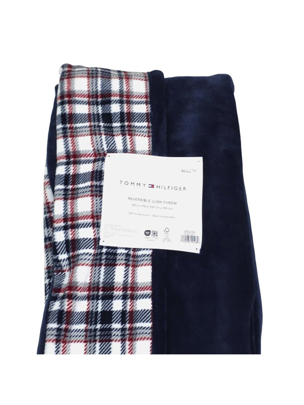 Tommy Hilfiger Reversible Plush Throw Blanket 50x70" Navy & Plaid Soft Polyester
